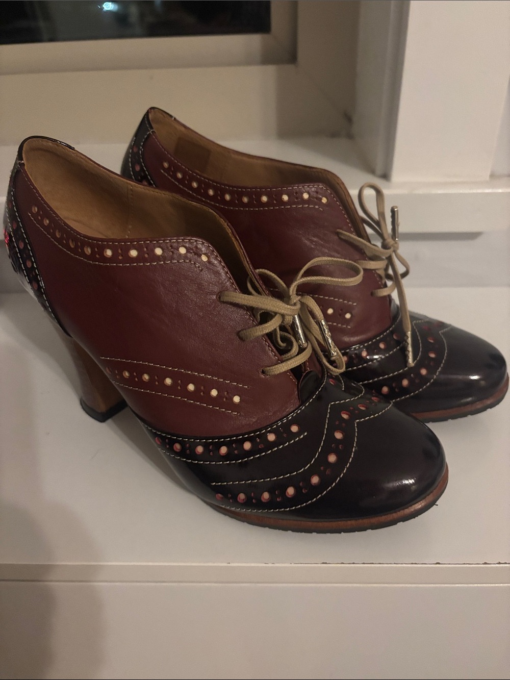John Fluevog Two-Tone Burgundy and Black Brogue Lace-Up Heels